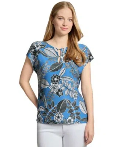 Jones New York Womens Printed Keyhole Extended Shoulder Top Xs Pxl In Blue