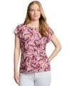Jones New York Petite Floral-print Keyhole Cap-sleeve Top