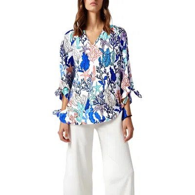Jones New York Womens Printed Linen Pullover Top In Blue