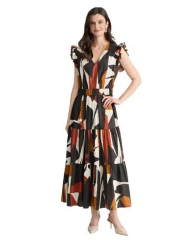 Jones New York Womens Ruffle Sleeve Double Elastic Waistband Midi Dress In Black