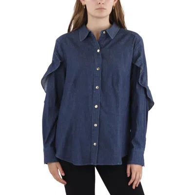 JONES NEW YORK WOMENS RUFFLED DENIM BUTTON-DOWN TOP