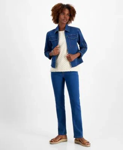 Jones New York Womens Shirred Sleeve Denim Jacket Lafayette Lace Top Lexington Straight Leg Jeans In Sky Wash
