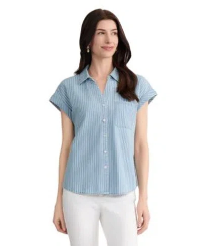 Jones New York Womens Short Sleeve Collared Cotton Blouse In Blue