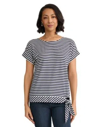 Jones New York Womens Short Sleeve Striped Side Tie Boat Neck T Shirt In Multi