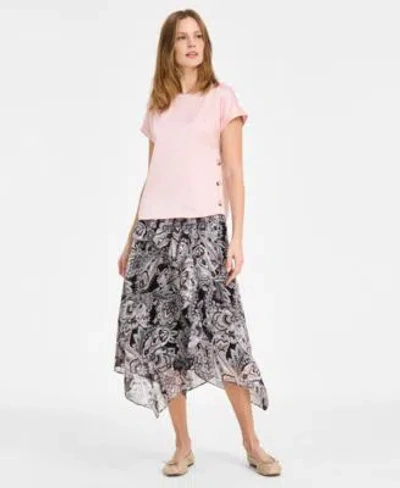 Jones New York Womens Side Button Short Sleeve Top Paisley Bias Cut Midi Skirt In Jones Black