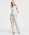 Jones New York Womens Striped Button Front Vest Wide Leg Pants In Natural Stone