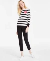 Jones New York Womens Striped Heart Boat Neck Sweater Stretch Twill Cropped Pull On Pants In White