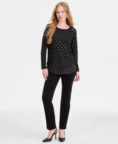 Jones New York Womens Textured Contrast Hem Top Fly Front Lexington Straight Jeans In Black