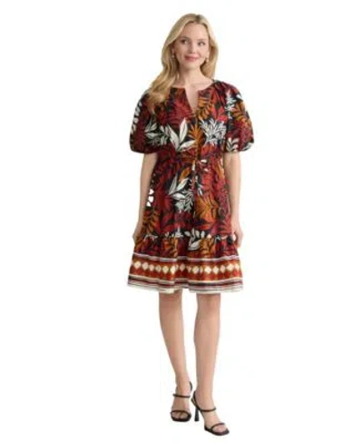 Jones New York Womens Tiered Puff Sleeve V Neck Dress In Multi