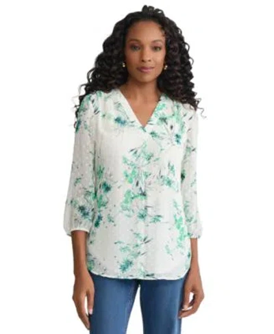 Jones New York Womens V Neck Elastic Cuff Sleeve Tunic Top In Multi