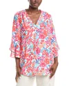 Jones New York Floral V-neck Flutter Sleeve Tunic Top In Pink