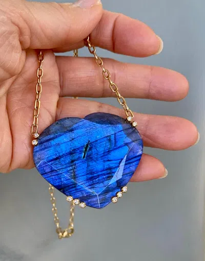 Pre-owned Joon Han 18 Karat Yellow Gold Labradorite Diamond Heart Shape Pendant Necklace