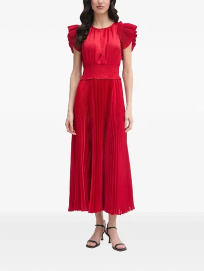 Joop Pleated Ruffled-sleeve Midi Dress In Red