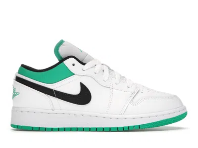 Pre-owned Jordan 1 Low Lucky Green Tumbled Leather Sneakers In White/stadium Green/black