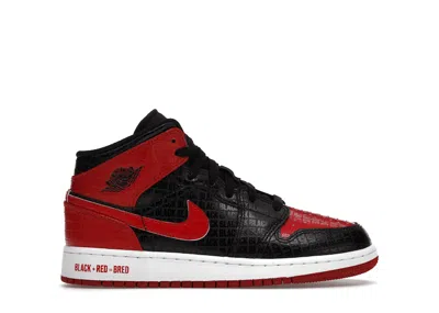 Pre-owned Jordan 1 Mid Bred Text Sneakers In Black/gym Red/white