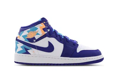 Pre-owned Jordan 1 Mid Geometric Print Sneakers In White/blue