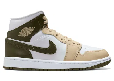 Pre-owned Jordan 1 Mid Military Drab (women's) Sneakers In Tan/olive/white