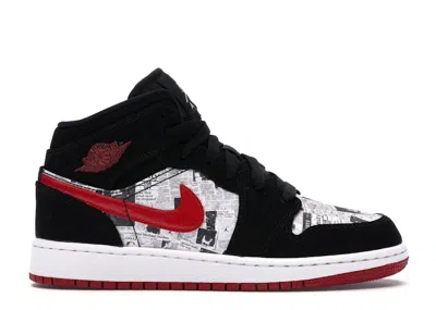 Pre-owned Jordan 1 Mid Newspaper Air Times Sneakers In Black/gym Red/white