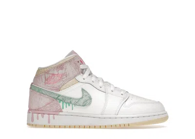 Pre-owned Jordan 1 Mid Paint Drip Sneakers In White/green Glow/arctic Punch