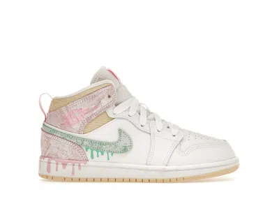 Pre-owned Jordan 1 Mid Paint Drip Sneakers In White/green Glow/arctic Punch In Multi