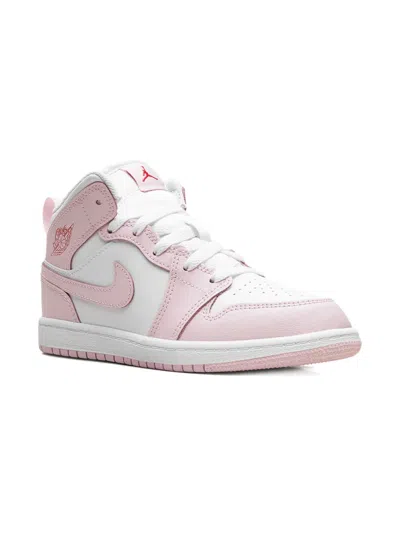 Jordan Kids'  1 Mid "pink Foam Fire Red White" Sneakers