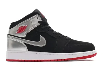 Pre-owned Jordan 1 Mid Red Silver Sneakers In Black/gym Red/metallic Silver