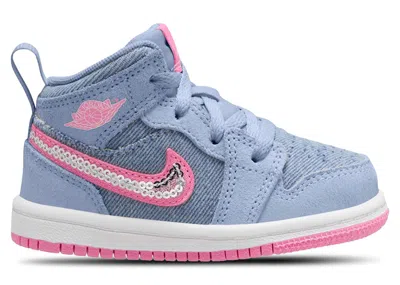 Pre-owned Jordan 1 Mid Se Denim Sequin Sneakers In Cobalt Blue Bliss/white/pink Glow