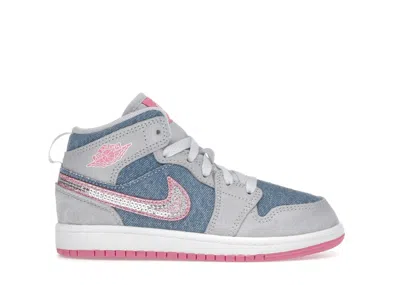 Pre-owned Jordan 1 Mid Se Denim Sequin Sneakers In Cobalt Blue Bliss/white/pink Glow