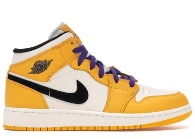 Pre-owned Jordan 1 Mid Se Lakers Sneakers In University Gold/black/pale Ivory In Multi