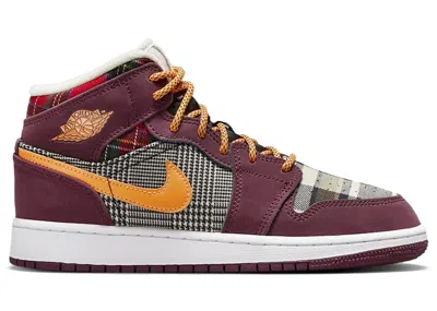 Pre-owned Jordan 1 Mid Se Plaid Sneakers In Night Maroon/black/white
