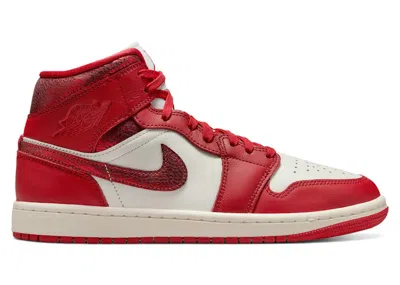 Pre-owned Jordan 1 Mid Se Red Cracked Leather (women's) Sneakers In Sail/team Red/varsity Red