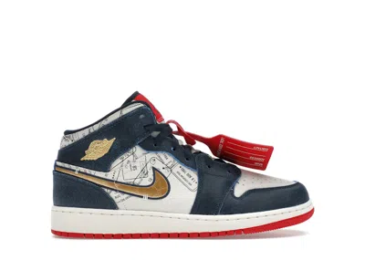 Pre-owned Jordan 1 Mid Se Take Flight Gold Swoosh Sneakers In Armory Navy Blue/metallic Gold/pale Ivory