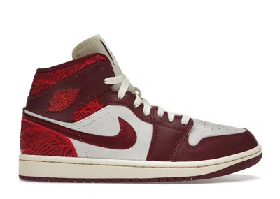 Pre-owned Jordan 1 Mid Se Tiki Leaf (women's) Sneakers In Team Red/university Red/sail