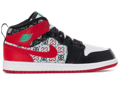 Pre-owned Jordan 1 Mid Se Ugly Christmas Sweater Sneakers In White/university Red/black
