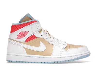 Pre-owned Jordan 1 Mid Se (women's) Sneakers In Sesame/white/flash Crimson