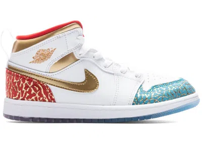 Pre-owned Jordan 1 Mid Sneaker School Nc To Chi Sneakers In White/university Red/blue Lightning