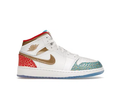 Pre-owned Jordan 1 Mid Sneaker School Nc To Chicago Sneakers In White/metallic Gold/university Red