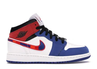 Pre-owned Jordan 1 Mid University Red Sneakers In White/rush Blue/black