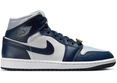 Pre-owned Jordan 1 Mid (women's) Sneakers In Football Grey/midnight Navy Blue/white