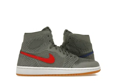 Pre-owned Jordan 1 Retro High Flyknit Sneakers In Clay Green/white/hyper Cobalt Blue