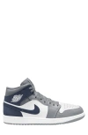 Jordan Air  1 Mid Sneaker In White/ Navy/ Wolf Grey