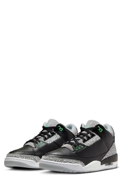 Jordan Air  3 Retro Sneaker In Black/ Green Glow/ Wolf Grey