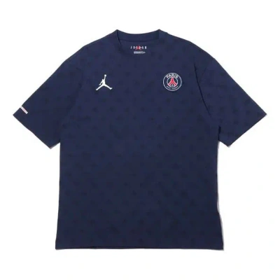 Jordan Air  Paris Saint-germain Statement Casual Sports Full Print Round Neck Short Sleeve Navy Blue