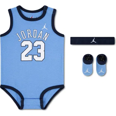 Jordan Babies'  Bodysuit, Headband & Booties Set In Blue