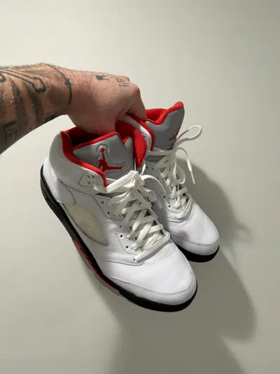 Pre-owned Jordan Brand 5 Fire Red Shoes In White