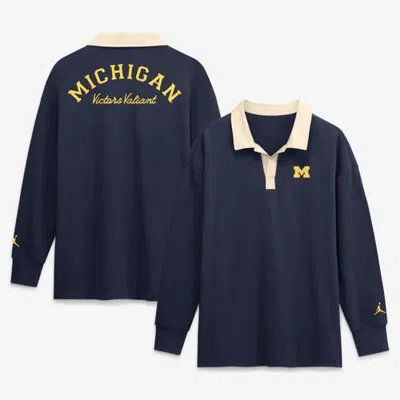 Jordan Brand Nike Navy Michigan Wolverines Oversized Essential Dri-fit Long Sleeve V-neck Polo In Blue