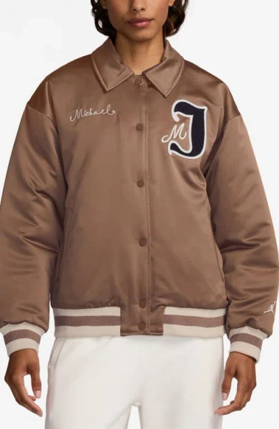 Jordan Chenille Patch Satin Varsity Bomber Jacket In Archaeo Brown/light Brown