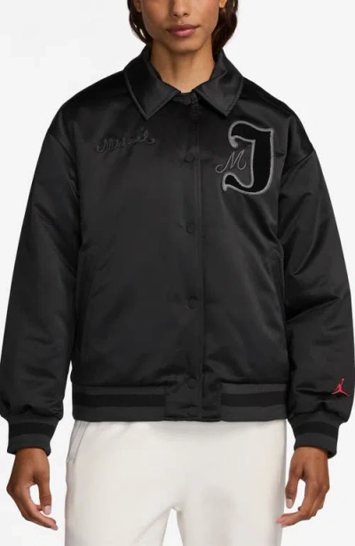 Jordan Chenille Patch Satin Varsity Bomber Jacket In Black