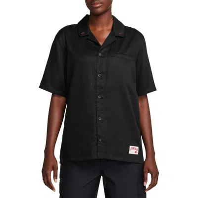 Jordan Embroidered Notched Collar Camp Shirt In Black/gym Red