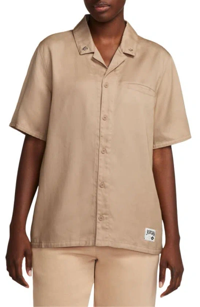 Jordan Embroidered Notched Collar Camp Shirt In Legend Medium Brown/ Black